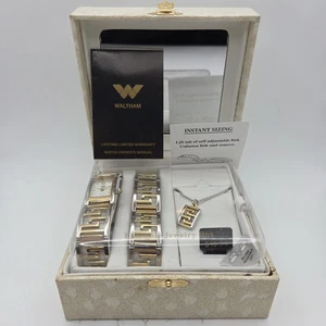 Vtg Waltham Ladies Gift Set Gold & Silver Tone Watch, Bracelet, 18" Necklace NOS - Picture 1 of 11