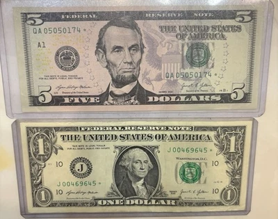 2021 Star Notes $1 Dollar Low SN.  And $5 Dollar Star Note Fancy Serial Number - Image 1 of 2