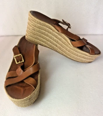 DELMAN Luggage Brown Leather Wedge Platform Espadrille Slide Sandals 7M - Image 1 of 4