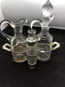 VTG Victorian Crystal and Silver Plate Five Piece Cruet Set Oil Vinegar Shaker - Picture 1 of 8