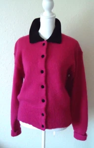 Vintage 80s KENJI Hong Kong Velvet Trim Cardigan Sweater Fuchsia Black Size-L - Picture 1 of 9