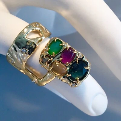 NUEVO CON ETIQUETAS ANILLO DE CÓCTEL ALEXIS BITTAR CHAPADO EN ORO DE 14 K LOSA DE PIEDRA DOBLE BANDA TALLA 7 Foto 1 de 4