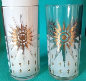 2 Vintage MCM Atomic Starburst Drinking Glasses Highball Bar White Metallic Gold - Picture 1 of 12