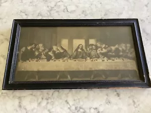 Antiker Holzrahmendruck Das letzte Abendmahl Jesu Christi Leonardo DiVinci schwarzweiß - Bild 1 von 5
