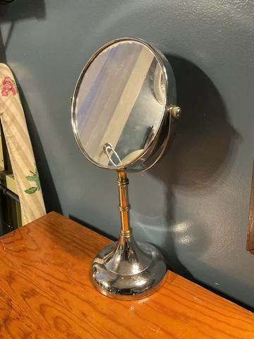 Vintage 50’s Art Deco Shaving Makeup Mirror Countertop Two Sided Flat Convex HVY Cover