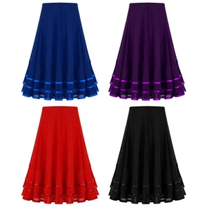 UK Girls Dance Skirt Elastic Waistband Tiered Striped Skort Ballroom Dancewear - Picture 1 of 24