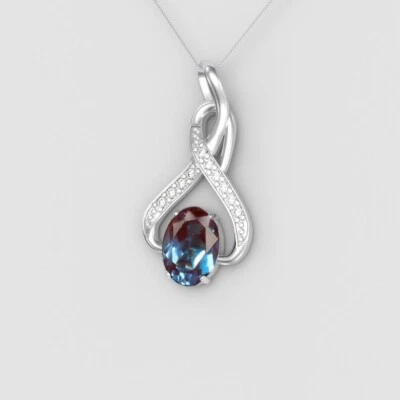 Alexandrite Necklace Oval Cut June Birthstone Color Changing 925 Silver Pendant - Image 1 of 3