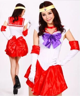 Sailormoon Costume Cosplay Uniform Fancy Dress + Gloves Sailor Moon Mars Red - Image 1 of 3