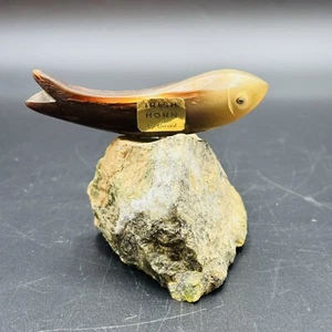 Fish Hand Carved Cow Horn Handmade Gerard Figurine On Rock Stand Vintage - Picture 1 of 9
