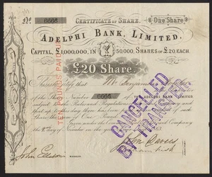 Adelphi Bank Limited, £20 share, £1 paid, 1863, EF - Picture 1 of 1
