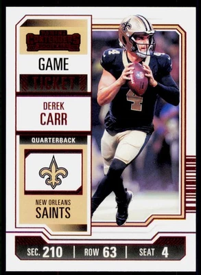 2023 Panini Contenders Derek Carr 72 Game Ticket Red New Orleans Saints - Image 1 of 2