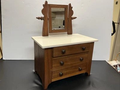 Mininature Solid Wood 3 Drawer Dresser With Mirror Solid Stoneware Top 18”h 14”w - Image 1 of 4