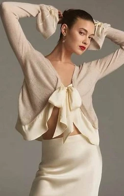 NWT Anthropologie  Sz M Mixed media Cashmere Tie Front Ruffled Sweater Ret$148  - Image 1 of 4