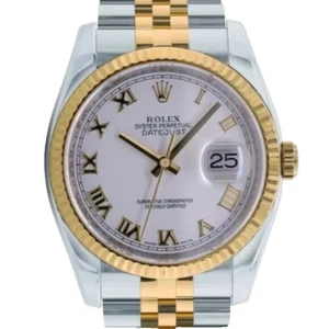 ROLEX DATEJUST 116233 TWO-TONE WATCH WHITE ROMAN DIAL 18KY FLUTED JUBILEE - Picture 1 of 6