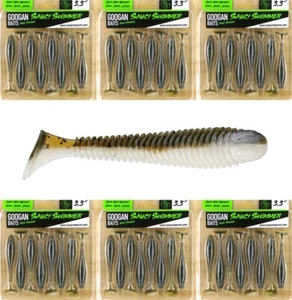 (6) Packs Of 8 Googan Saucy Swimmer 3.3" Swimbaits Green Pumpkin Pearl Brand New - Picture 1 of 4