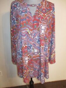 Umgee FAB! Paisley Geometric Print V Front & Back Kimono Sleeves Tunic Dress  L