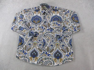 Alan Flusser Shirt Mens Large Blue Tan Paisley Crazy Art Print Flip Cuff Design - Picture 1 of 10