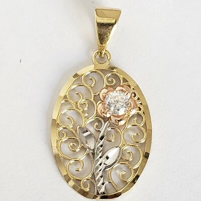 Oval diamond cut 14k gold flower pendant charm 1.20 inches long  - Image 1 of 4