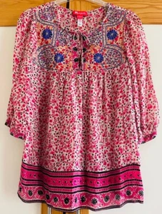 Monsoon Women's Pink Mix Embroidered 100% Silk Gypsy Style Tunic Top Size 10 - Picture 1 of 5