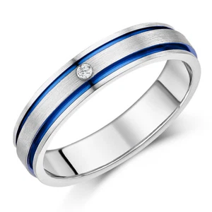 Titanio Anillo Diamante Azul Acanalado Incrustación Compromiso 5mm O 7mm Banda - Imagen 1 de 4