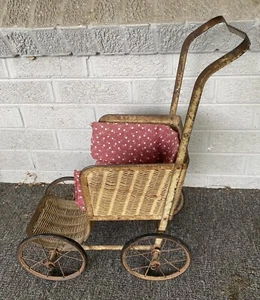 Antique Wicker Metal Doll Carriage Stroller Buggy - Picture 1 of 12