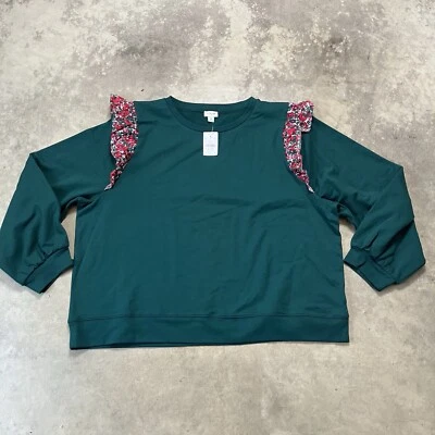 J. Moletom Crew Feminino 3X Verde Babado Manga Floral Férias Decote Redondo - Imagem 1 de 4