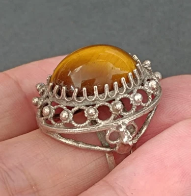 Vintage Sterling Silver Tiger’s Eye Ring Adjustable Israeli Judaica Men's Women - Image 1 of 4