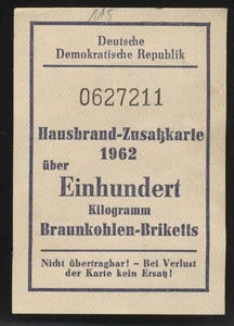 DDR Ersatzgeld  Hausbrand Zusatzkarte 1962 100 Kg Braunkohle Wasserzeichenpapier - Picture 1 of 2