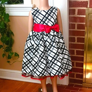 Penelope Mack Plaid Dress 5 Girls Black White Sleeveless Formal Red Satin Bow - Picture 1 of 12