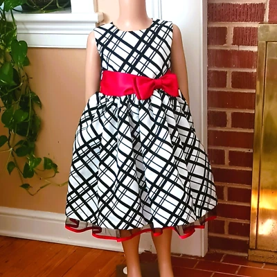 Penelope Mack Plaid Dress 5 Girls Black White Sleeveless Christmas Red Satin Bow - Image 1 of 4