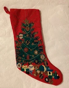 Vintage Glass Beaded & Needlepoint Christmas Stocking Train Tree Gifts 19” - Picture 1 of 6