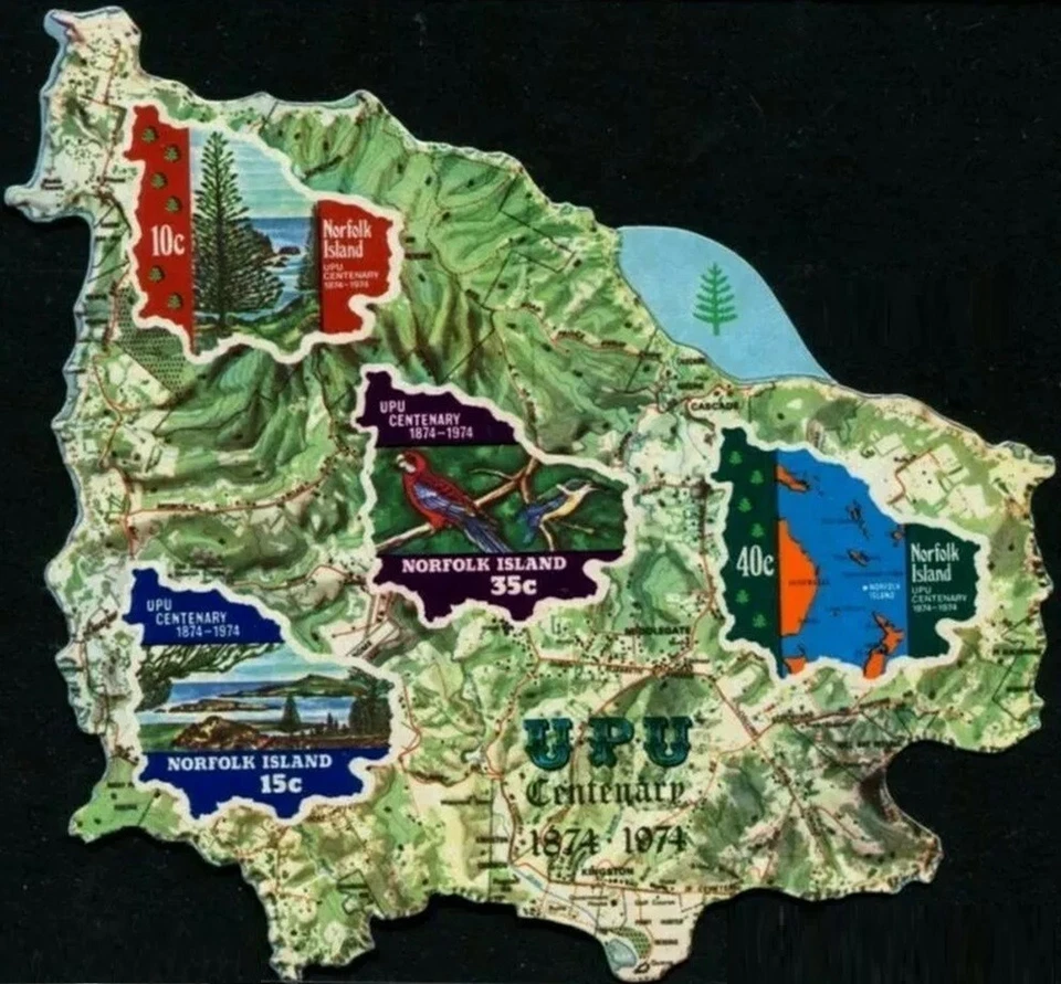 1974 Norfolk Island UPU Centenary $1 Map Stamp - Imperf Self-Adhesive Mini-Sheet - Image 1 of 1