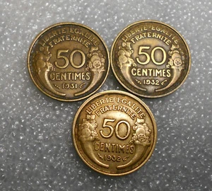 France Coins 3 x 50 CENTIMES 1931, 1932, 1932 Circulated - Picture 1 of 8