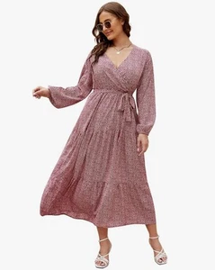 2XL Women Plus Size V Neck Maxi Dress Long Sleeve High Waist Red Leopard Ruffle - Picture 1 of 7