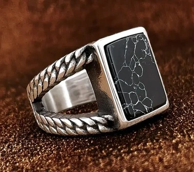 EDELSTAHL Siegelring *** Schwarzer Stein (synth.), Mittelalter-Stil, rechteckig - Bild 1 von 3