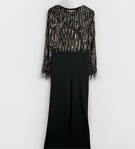 Eliza J Black Sequin Fringe Top Long Sleeve Embellished Formal Jumpsuit Size 10 - Picture 1 of 11