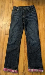 LL Bean Girls Flannel Lined Jeans Size 14 Dark Wash Blue Jean Pink Plaid Lined - Picture 1 of 4