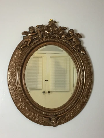 Vintage Gold CHERUB WALL MIRROR ORNATE BEVELED GLASS HUGE! Cover