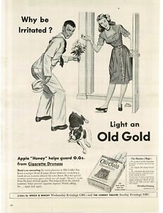 1945 Old Gold Cigarettes Dog bites sailor calling on his girl  WWII Print Ad
