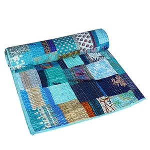 Indian Handmade Silk Patchwork Kantha Quilt Bohemian Bedspread Blanket Throw - Picture 1 of 7