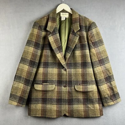 Vintage Eddie Bauer Jacket Womens LargeOlive Brown Green Wool Plaid Chore Coat - Image 1 of 4