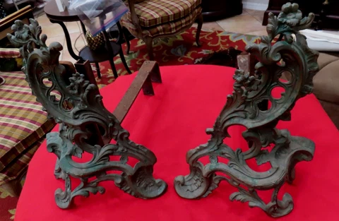 RARE Bronze French Ricoco Leafy Scroll Victoria/Art Deco Fireplace Andirons 6.23 Cover