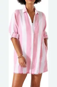 Tommy Bahama Linen Blend Casual Pink White Rugby Striped Dress Cover Up Women M - Picture 1 of 8