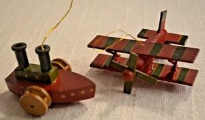 Vintage Wooden Biplane and Steamboat Christmas Ornaments - Picture 1 of 16