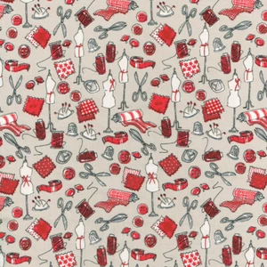 Textiles français Let's Get Sewing fabric - Reds, White & Grey on Cloudy Grey - Picture 1 of 1