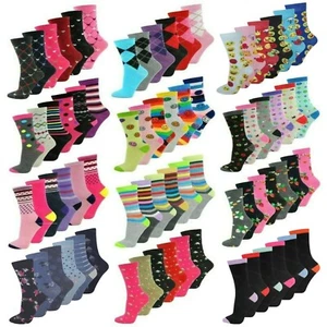 Ladies Womens Coloured Design Socks Cotton Blend Designer Adults 6 Pairs 4-7 - Picture 1 of 14