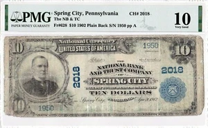 $10 1902 PB National SPRING CITY Pennsylvania PA Extremely Rare "8 Known" PMG 10 - Picture 1 of 2