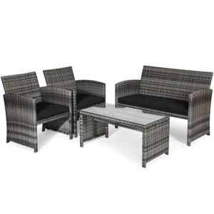 4 PCS Patio Rattan Furniture Set Conversation Glass Table Top w/ Black Cushions - Picture 1 of 10