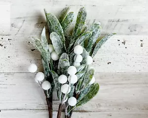 Set of 3 decorative frosted mistletoe & white berry greenery holiday picks - Picture 1 of 3