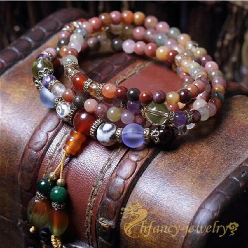 6mm Natural Multi-Color Indian Agate Gemstone 108 Bead Mala Bracelet Wrist Bless - Image 1 of 1